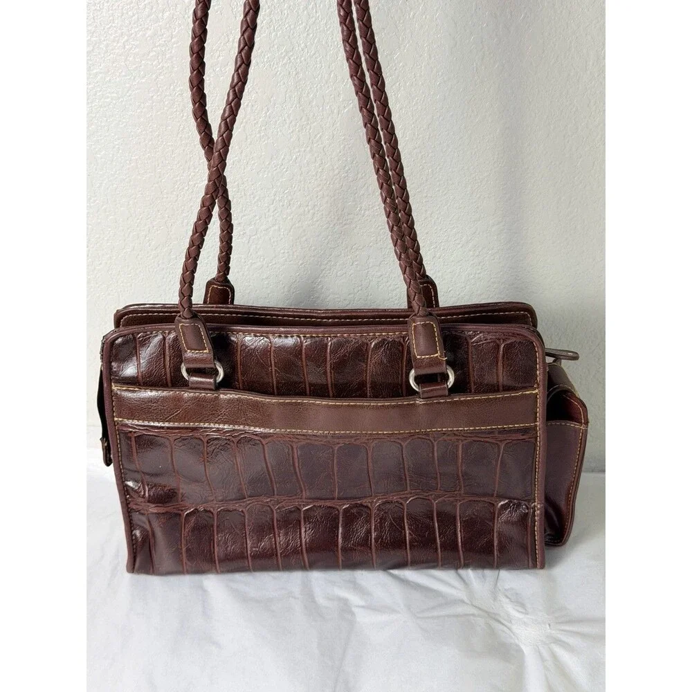 Vintage Bueno Brown Croc Embossed Shoulder Bag Braided Handles Satchel Purse